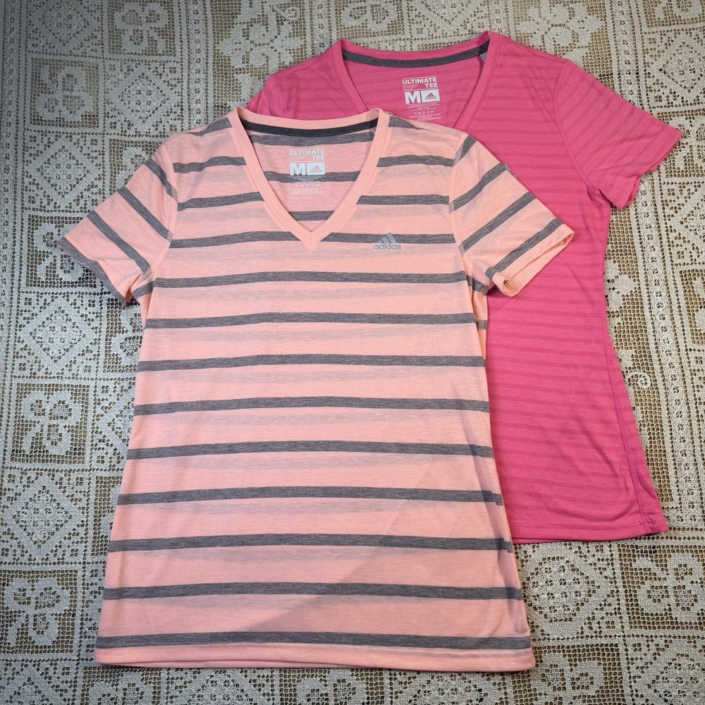 Two Adidas Ultimate Tees V Neck Short Sleeve Climalite- Pink & Peach Stripe M